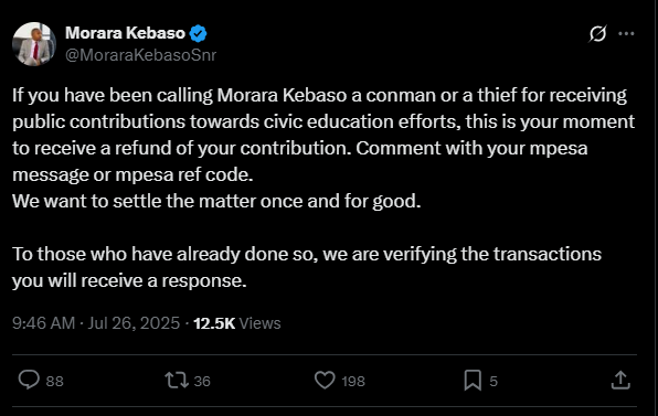 A post by Morara Kebaso. PHOTO//Screengrab by K24 Digital from X by @MoraraKebasoSnr