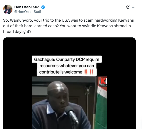 X post by Oscar Sudi. PHOTO/ Screengrab by K24 Digital. 
