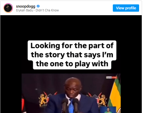 A post shared by Snoop Dogg of Rigg G in the past on his Instagram page. PHOTO/Screengrab by K24 Digital from @snoopdogg