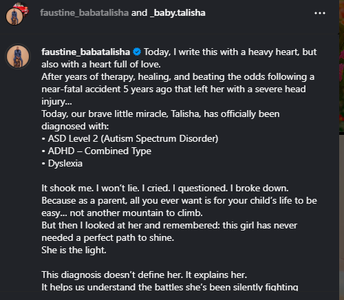 A post shared by Baba Talisha on Instagram about his daughter's condition. PHOTO/Screengrab by K24 Digital from @faustine_babatalisha