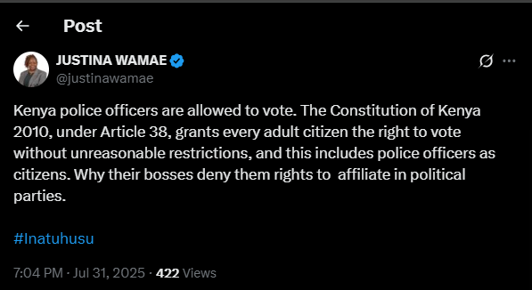 A post shared by Justina Wamae on her X account. PHOTO/Screengrab by K24 Digital from @justinawamae