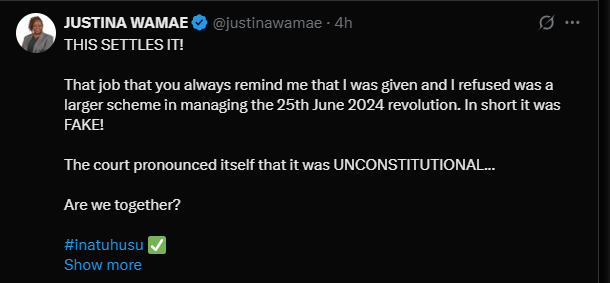A post shared by Justina Wamae on her X account. PHOTO/Screengrab by K24 Digital from @justinawamae
