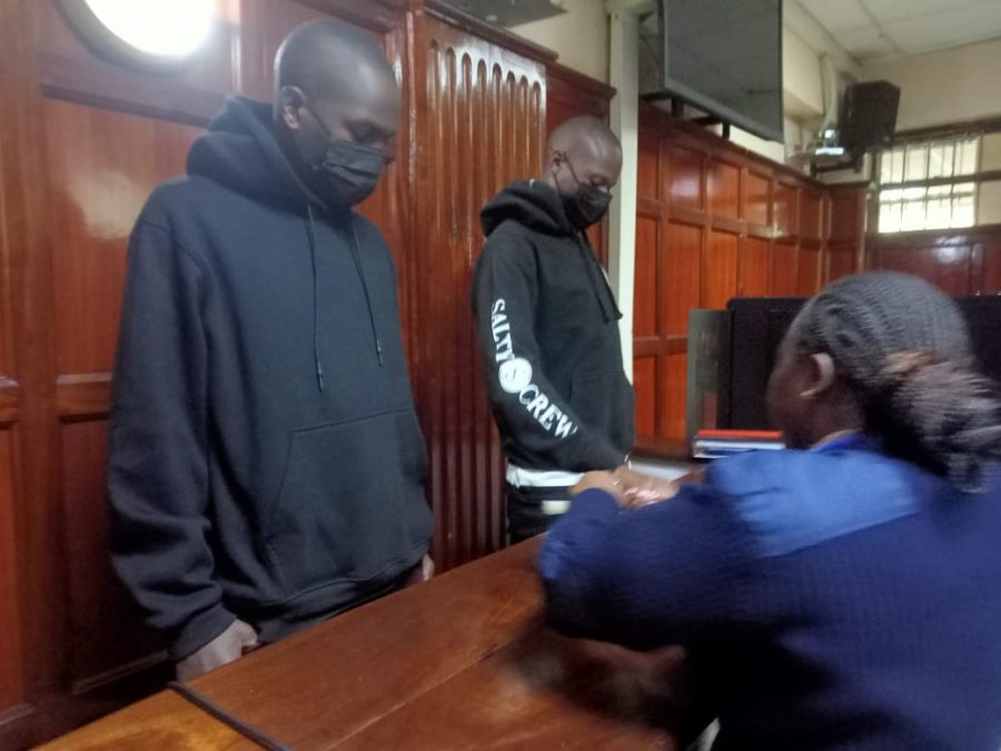 Constables Klinzy Masinde Baraza and Duncan Kiprono when they appeared at the Milimani Law Courts before Principal Magistrate Benmark Ekhubi on Thursday, July 3, 2025.