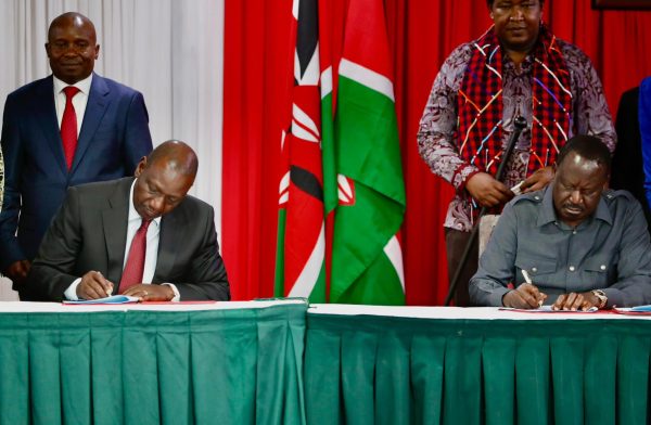 Ruto and Raila during the signing of the Kenya Kwanza-ODM Joint Framework at KICC, Nairobi on March 7, 2025. PHOTO/@https://www.facebook.com/williamsamoei