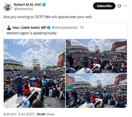 Robert Alai reacts after Caleb Amisi attended Gachagua's rally. PHOTO /@RobertAlai