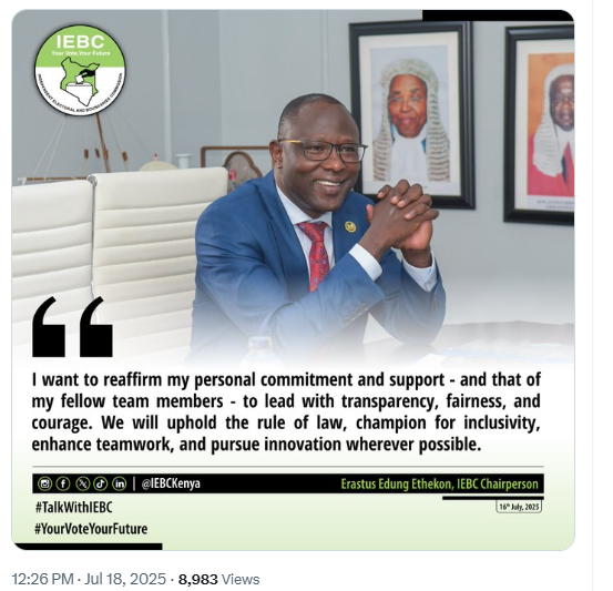 A screenshot of the statement by IEBC chairperson Erastus Ethekon on July 18, 2025. PHOTO/@IEBCKenya/X