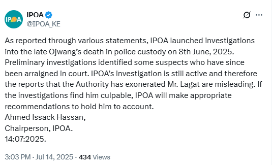 A screenshot of the statement by IPOA regarding exonerating DIG Eliud Lagat. PHOTO/@IPOA_KE/X