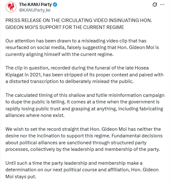 A screenshot of the statement of the KANU Party. PHOTO/@KANUParty_ke/X