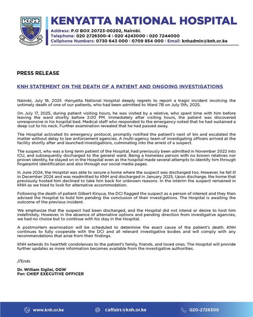 A statement by KNH on the murder of a second patient in their wards on July 17, 2025. PHOTO/@KNH/X