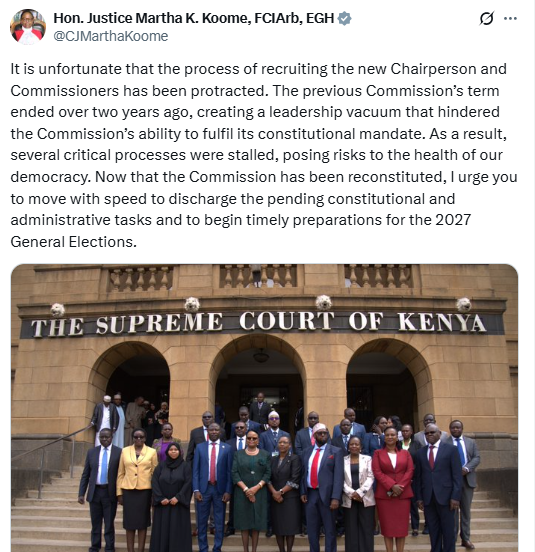 A screenshot of the statement of Chief Justice Martha Koome on the delayed reconstitution of the IEBC. PHOTO/@CJMarthaKoome/X