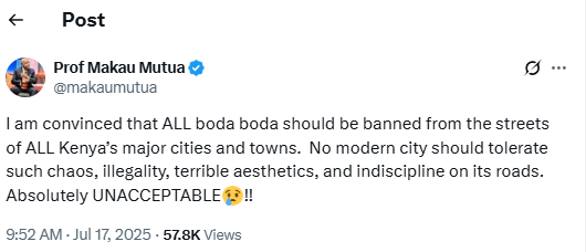 A screenshot of Makau Mutua's statement on a ban on motorcycles in major towns. PHOTO/@makaumutua/X