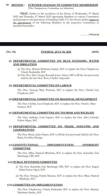 Some of the National Assembly changes. PHOTO/@NAssemblyKE/X