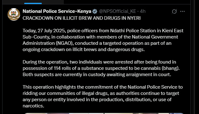 A post shared by the NPS on Sunday, July 27, 2025, on X. PHOTO/Screengrab by K24 Digital from @NPSOfficial_KE
