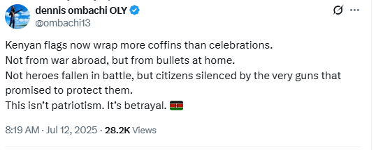A statement by Dennis Ombachi on deaths in the country. Screenshot by K24 Digital of the post from @ombachi13/X