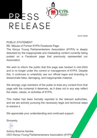 A press statement by KYPA on the hacking of their Facebook page. PHOTO/@YoungMPsKenya/X
