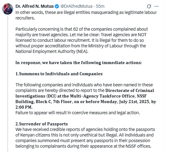 A screenshot of part of the statement by CS Alfred Mutua. PHOTO/@DrAlfredMutua/X