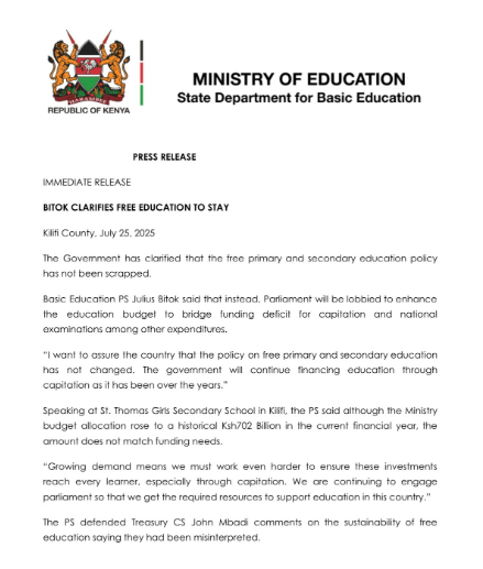 Statement by the Ministry of Education on the free basic education programme. PHOTO/@_BasicEdu/X