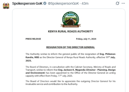 A screenshot of the statement by the government spokesperson on the resignation of KeRRA DG Philemon Kandie. PHOTO/@SpokespersonGOK/X