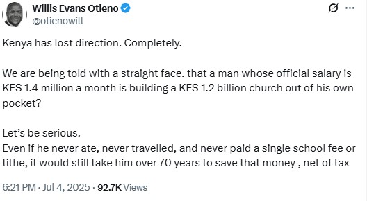 Willis Otieno's post questioning Ruto’s Ksh1.2B State House church project