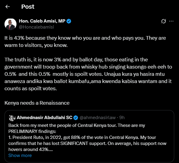 A post shared by Caleb Amisi on his X account. PHOTO/Screengrab by K24 Digital from @Honcalebamisi
