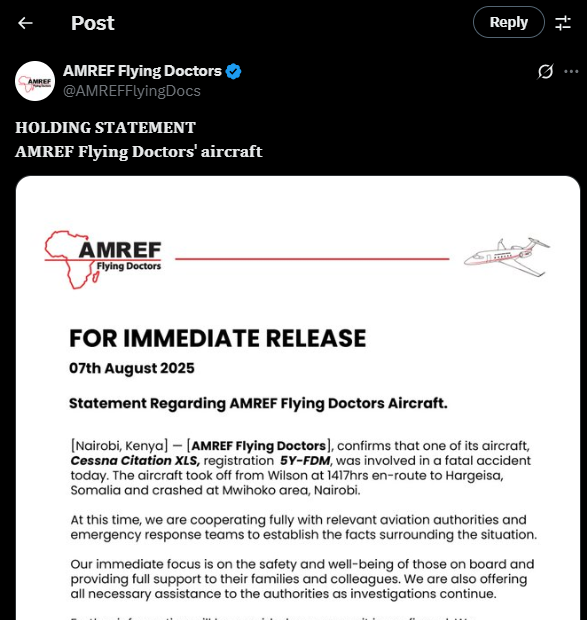A post shared by AMREF on X account. PHOTO/Screengrab by K24 Digital from @AMREFFlyingDocs
