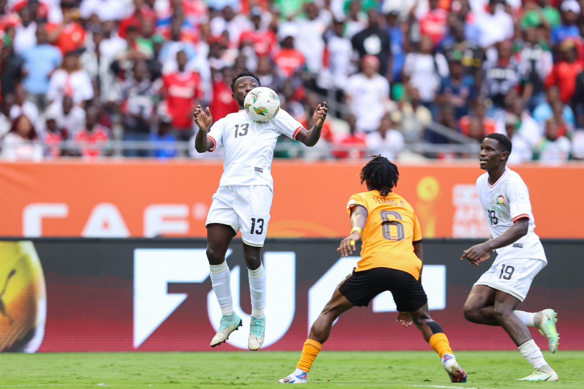 Lewis Bandi controlling the ball on his chest in a match against Zambia on Sunday August 17, 2025. PHOTO/https://web.facebook.com/williamsamoei