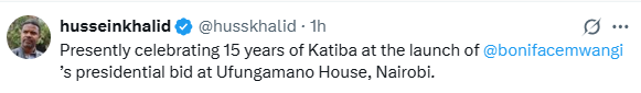 Hussein Khalid's post confirming attendance at the launch of Boniface Mwangi's 2027 presidential bid. PHOTO/Screengrab by K24 Digital.