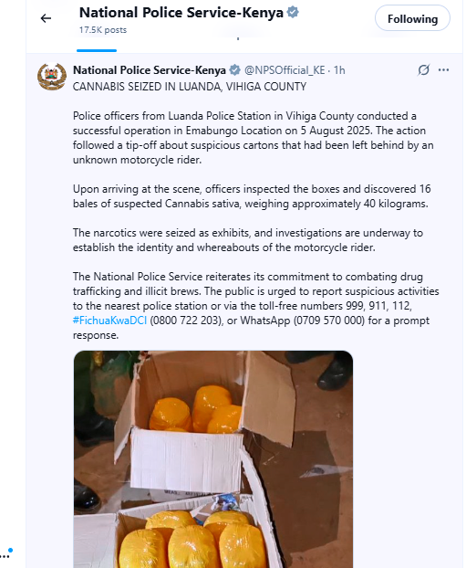 The NPS statement confirming the seizure of Cannabis sativa in Kakamega. PHOTO/Screengrab by K24 Digital