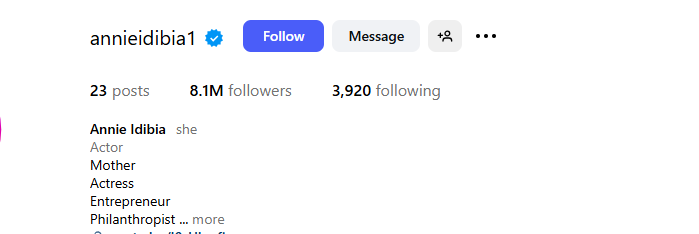 Annie Idibia's name as seen on her Instagram account on August 1, 2025. PHOTO/@annieidibia1/Instagram