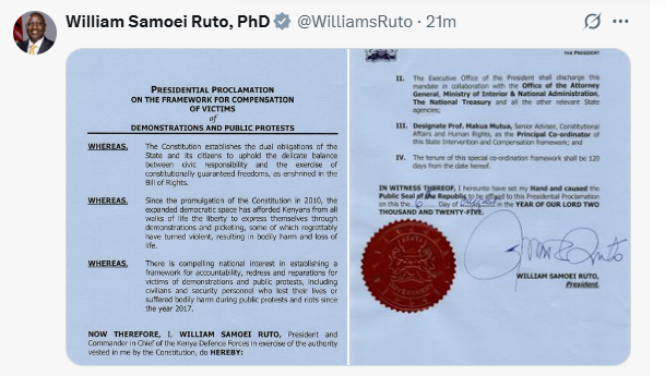 President Ruto’s statement on X. Screengrab by K24 Digital