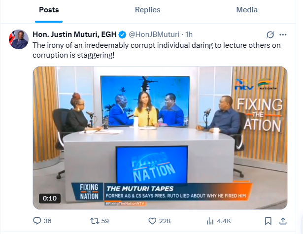 Justin Muturi's post calling Ruto's war on corruption irony. PHOTO/Screengrab by K24 Digital.