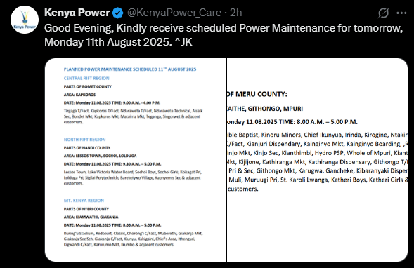 A post shared by Kenya Power on Sunday, August 10, 2025. PHOTO/Screengrab by K24 Digital from @@KenyaPower_Care
