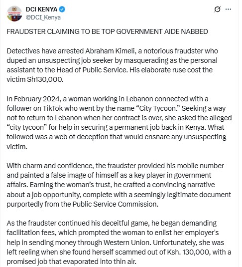 The statement by the DCI. PHOTO/screengrab by K24 Digital/@DCI_Kenya/X