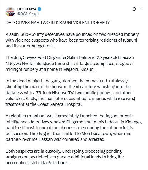 DCI statement on violent robbery in Kisauni. PHOTO/screengrab by K24 Digital/@DCI_Kenya