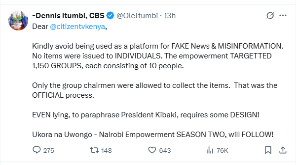 Post by Dennis Itumbi indicating it is 1150 people who benefited from State House event. PHOTO/Screengrab by K24 Digital.