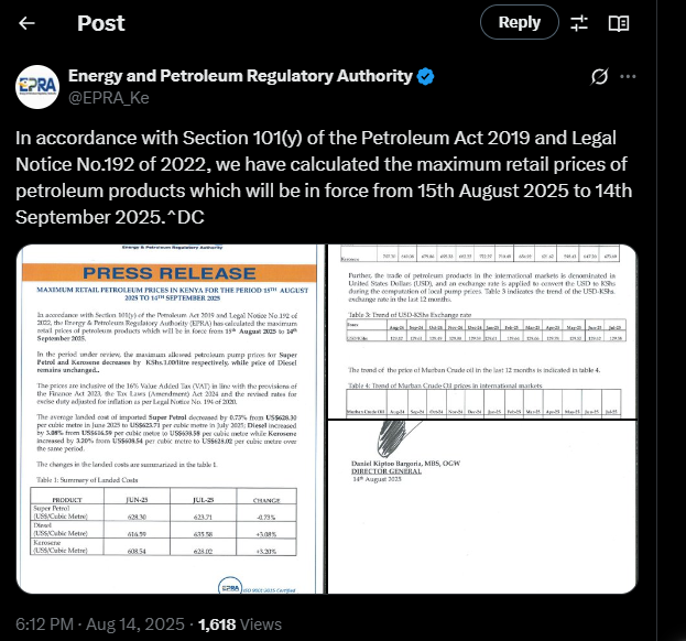 A post shared by EPRA on Thursday, August 14, 2025, on X. PHOTO/Screengrab by K24 Digital from @EPRA_Ke
