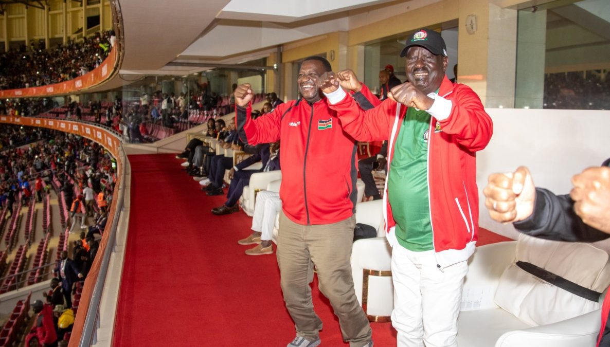 Raila Odinga celebrating Harambee Stars' victory. PHOTO/https://www.facebook.com/RailaOdingaKE