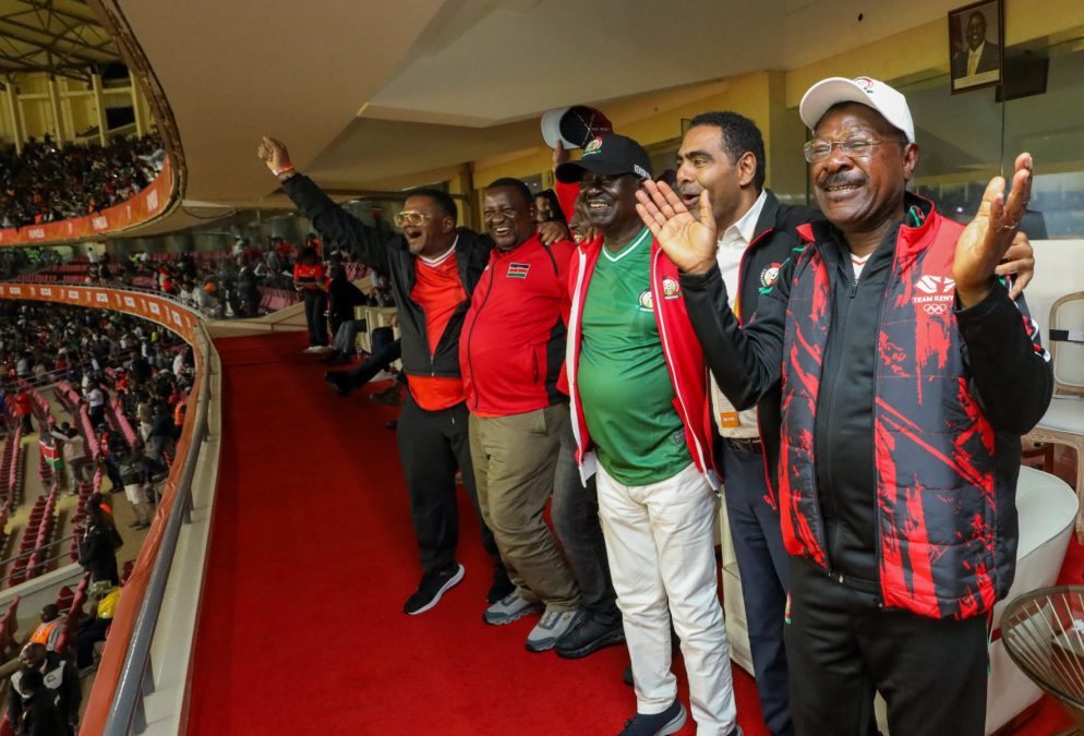 Moses Wetang'ula, Raila Odinga, among others, celebrating Harambee Stars' victory. PHOTO/https://www.facebook.com/SpeakerMosesMasikaWetangula