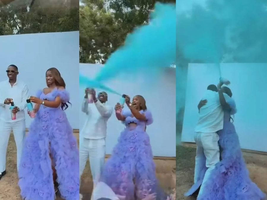 A collage of Juma Jux and Priscilla at their gender reveal party 