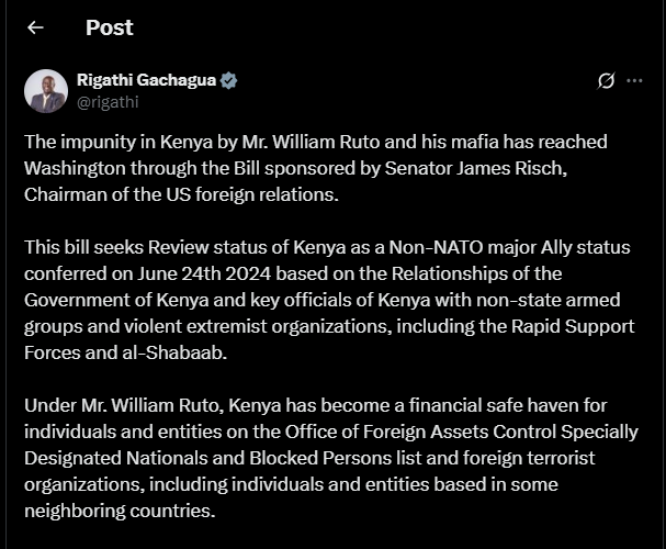 A post shared by Rigathi Gachagua on his X account. PHOTO/Screengrab by K24 Digital from @rigathi