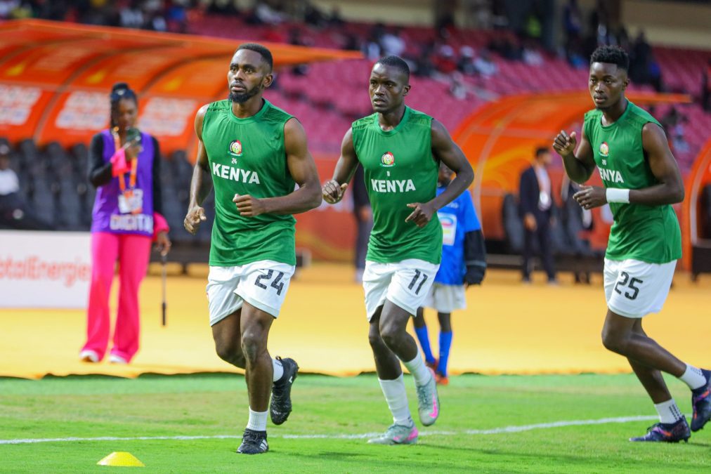 Harambee Stars players warm up before the Angola game at Kasarani Stadium on August 7, 2025. PHOTO/@Harambee__Stars/X