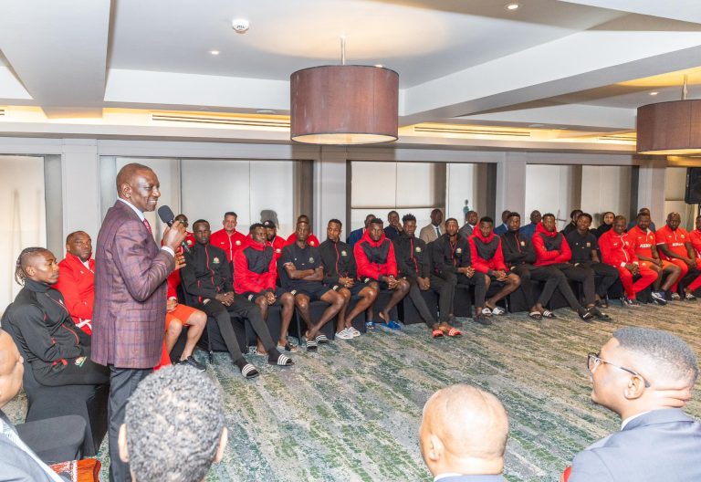 President William Ruto speaking to Harambee Stars players on Monday, August 11, 2025. PHOTO/@WilliamsRuto/X
