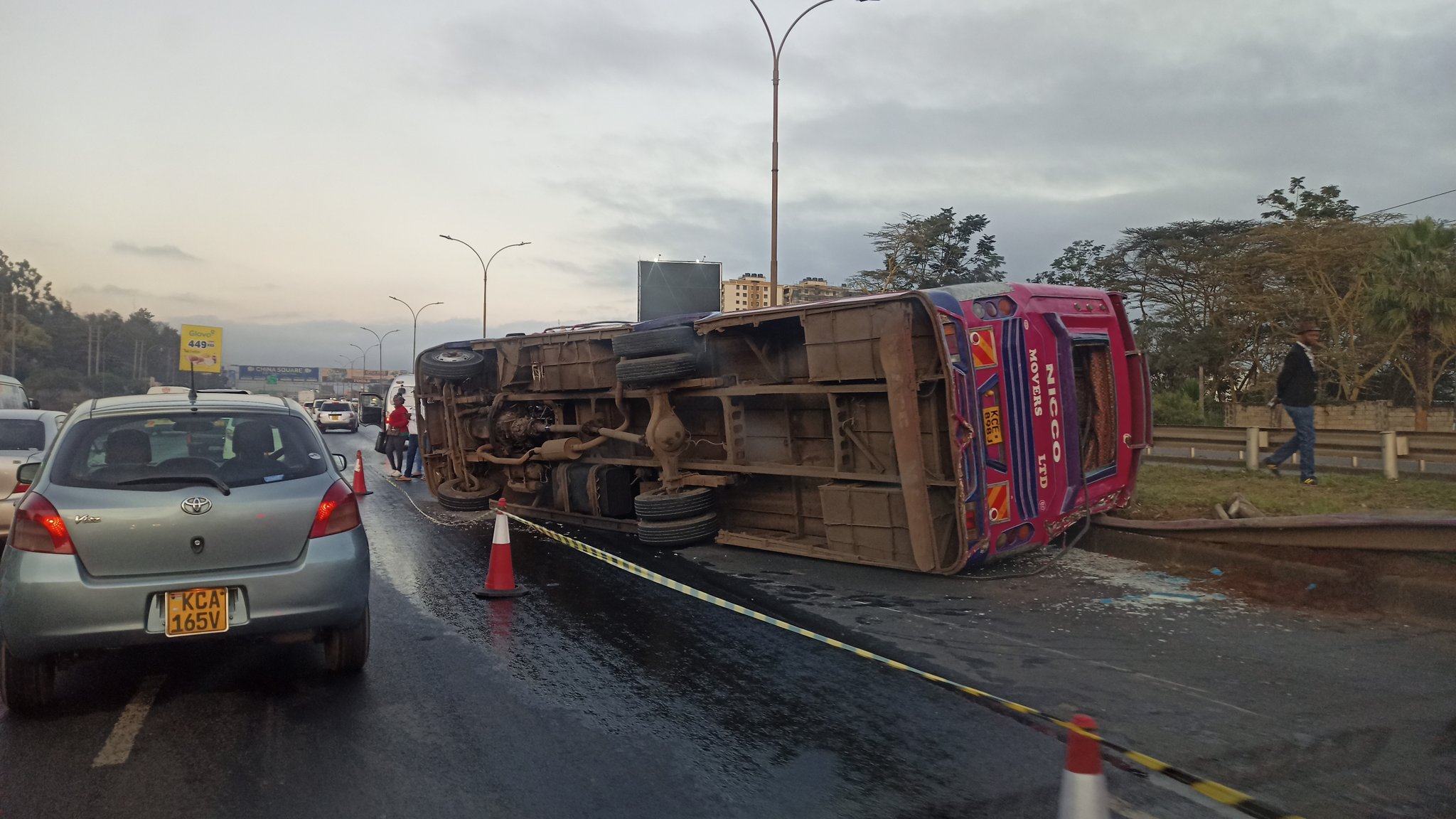 Heavy traffic on Thika Road after bus overturns