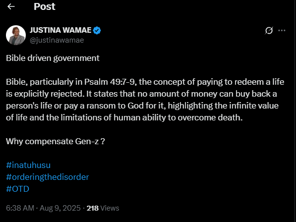 A post shared by Justina Wamae on her X account. PHOTO/Screengrab by K24 Digital from @justinawamae