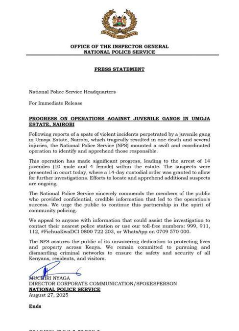 A statement released by NPS on Wednesday, August 27, 2025.PHOTO/@NPSOfficial_KE/X
