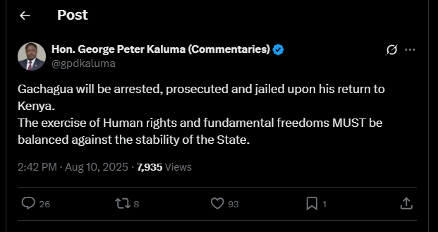 A post shared by Peter Kaluma on his X account. PHOTO/Screengrab by K24 Digital from @gpdkaluma