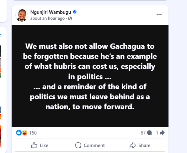 Ngunjiri Wambugu's Facebook post about Gachagua. PHOTO/Screengrab by K24 Digital.