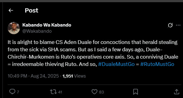 A post shared by Kabando wa Kabando on his X account. PHOTO/Screengrab by K24 Digital from @Wakabando