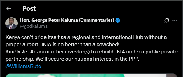 A post shared by Peter Kaluma on X. PHOTO/Screengrab by K24 Digital from @gpdkaluma