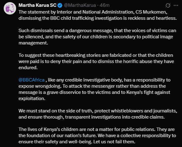 A post shared by Martha Karua on her X account. PHOTO/Screengrab by K24 Digital from @MarthaKarua